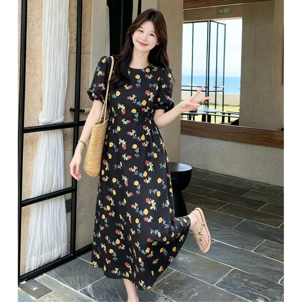 Korean Black Floral Dress Women's Summer Bubble Sleeves Waist Thin Gentle Wind French Retro Japanese Versatile Long Dress