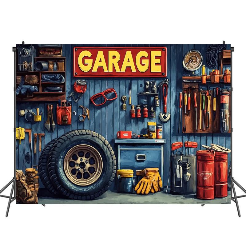 1pc, 2Dflat, Polyester Garage and Car Repair Themed Backdrop, Suitable for Birthday Parties, Studio Decorations, Holiday Banners