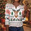 Women's Casual Christmas Print V-Neck Button Three-Quarter Sleeve T-Shirt