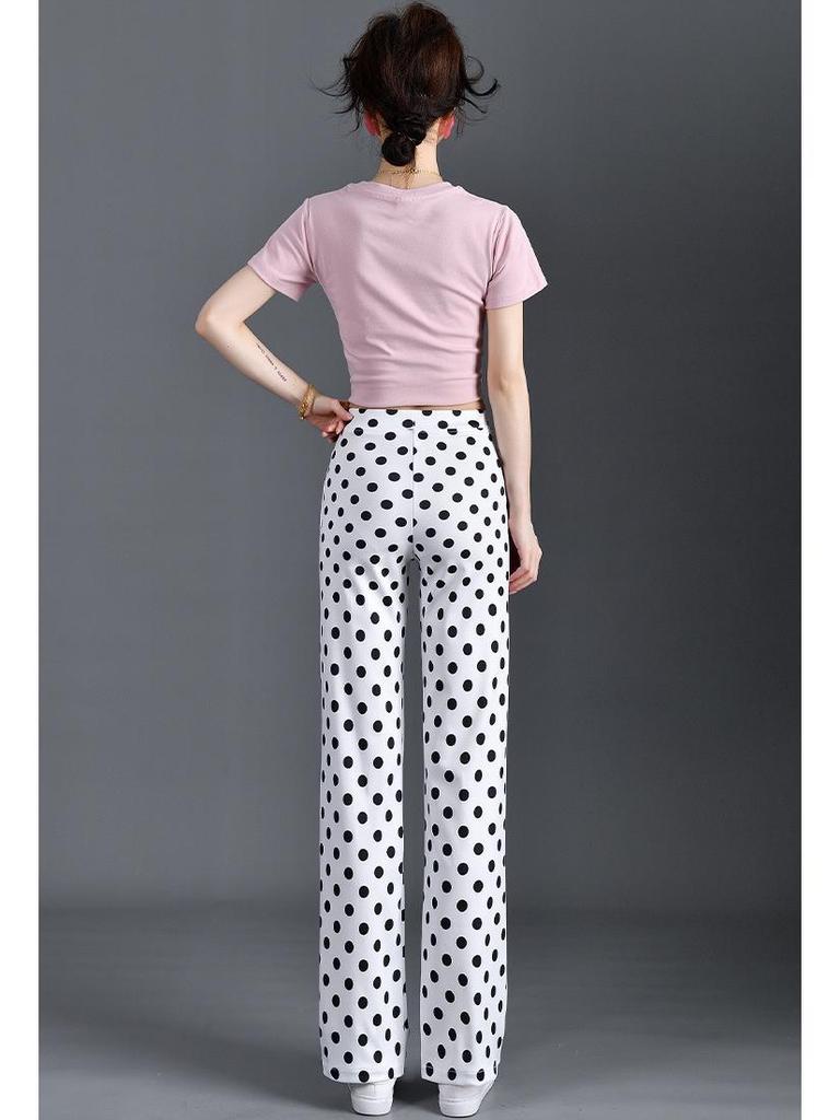 Polka Dot Print Elastic Waist Straight Leg Pants - Summer 2025 Slimming Stretchy Women's Trendy New Arrivals.