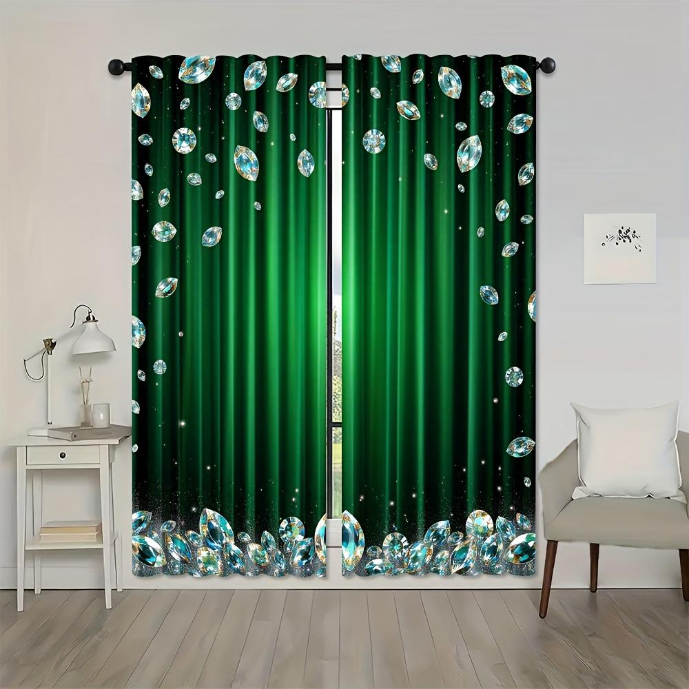 2Pcs Polyester Emerald Diamond Washing Printing Window Curtains Birthday Party Decoration Backdrop Drapes for Living Room