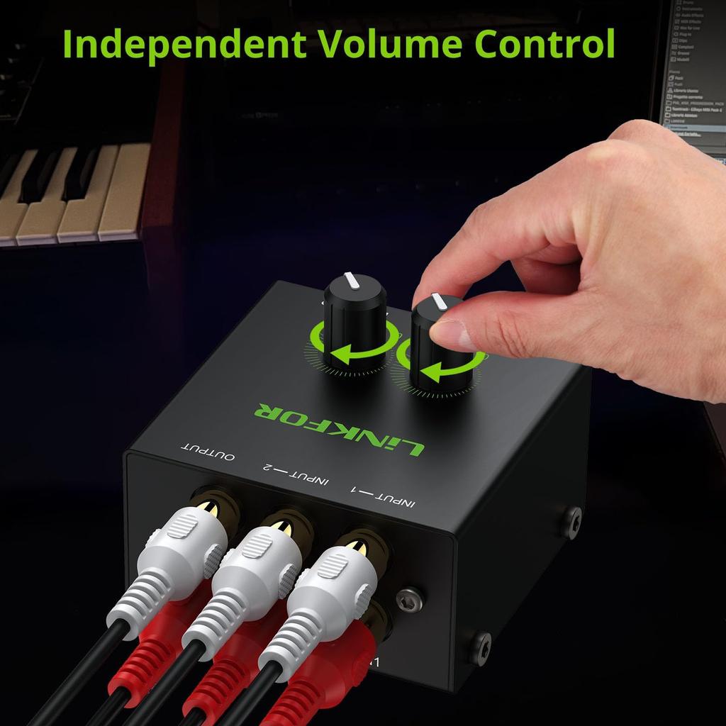 LiNKFOR Audio RCA Mini Stereo Mixer with Volume Metal Japanese Instruction Manual Included Mixer, 2-Channel Control, Gold-Plated Terminals, Case,