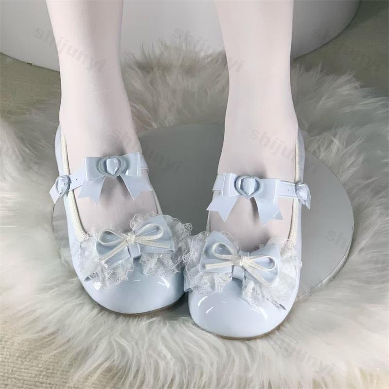 Lace Bow Knot Women's Mary Jane Shoes 2025 New Sweet Ballet Dance Shoes Buckle Strap Comfortable Princess Leather Shoes