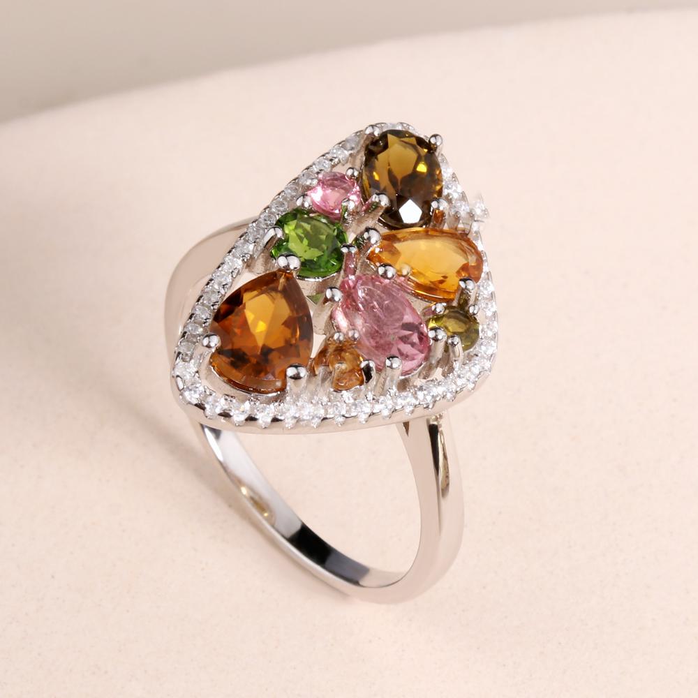 Mehrfarbiger Turmalin-Diopsid-natürlicher Edelstein-Ring-Ohrring-Schmuckset Damen edler Schmuck 925er Sterlingsilber Leichtes Luxusdesign