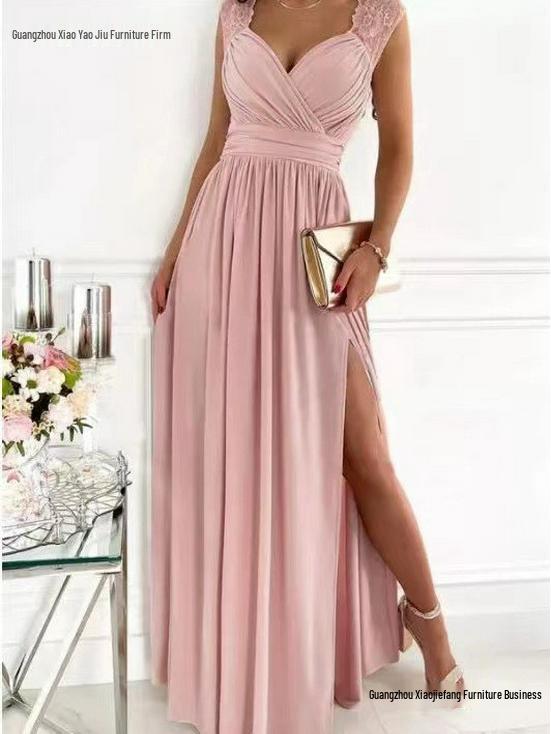 2026 Bez rukávů Krajka Záda odhalená Evropsko-americké Dámské Šaty s rozparkem na lemu