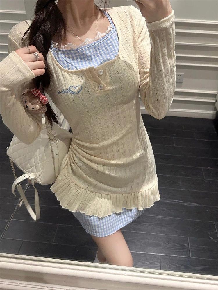 

Pure desire wind neck dress women s spring and summer sweet spice girl waist irregular splicing stacked short skirt two-piece skirt S