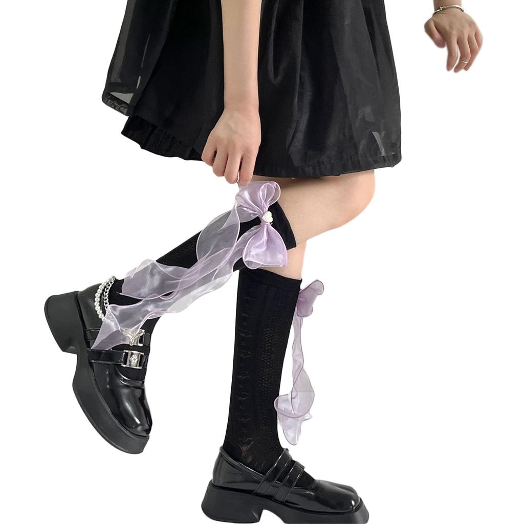 Womens Knee Length Sock Ribbon Bows Tie Stocking Hollows Lacy Bows Tie Long Fishnet Mesh Ballet Style Sock for Summer