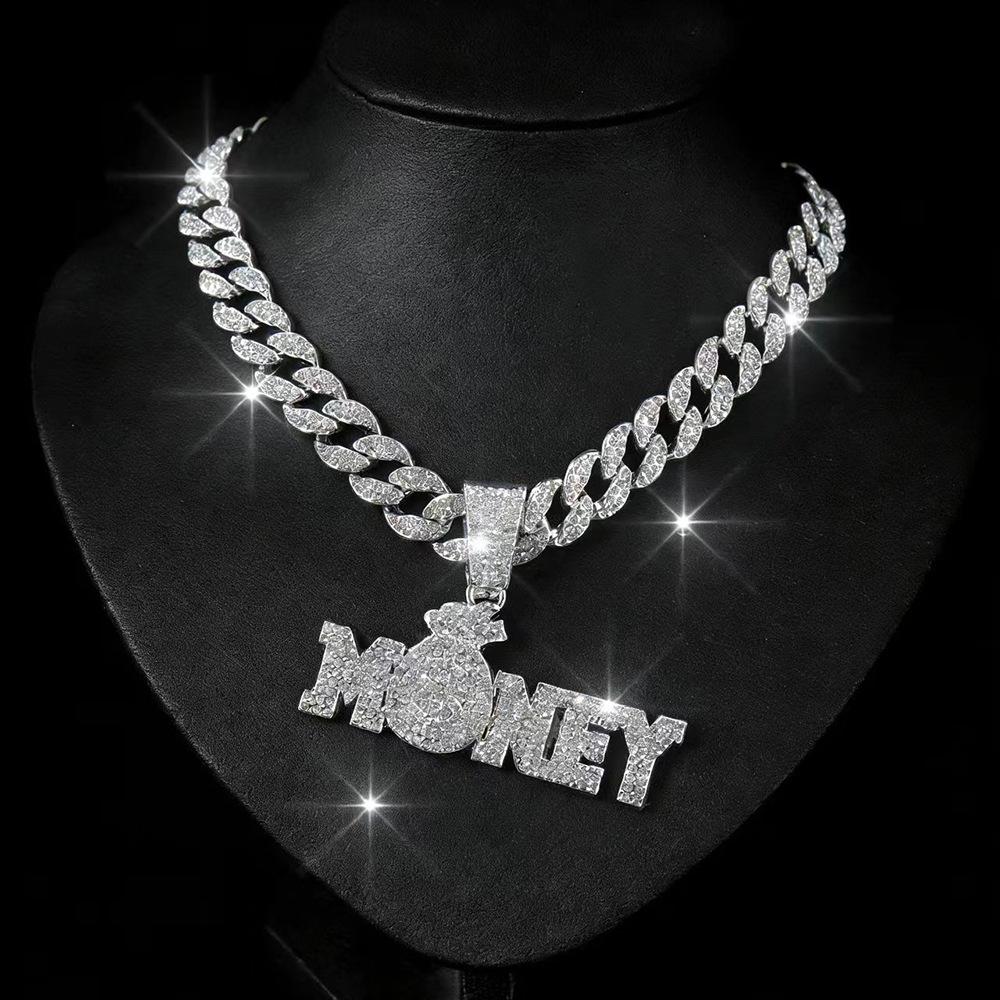 New Men's Full Diamond Chain Hip Hop Style Personalized English MONEY Pendant Necklace