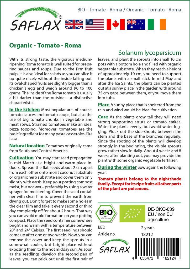 SAFLAX Garden In the Bag - Organic - Tomato - Roma - 15 Seeds - With Substrate In a Fitting Stand Up Bag - Solanum Lycopersicum