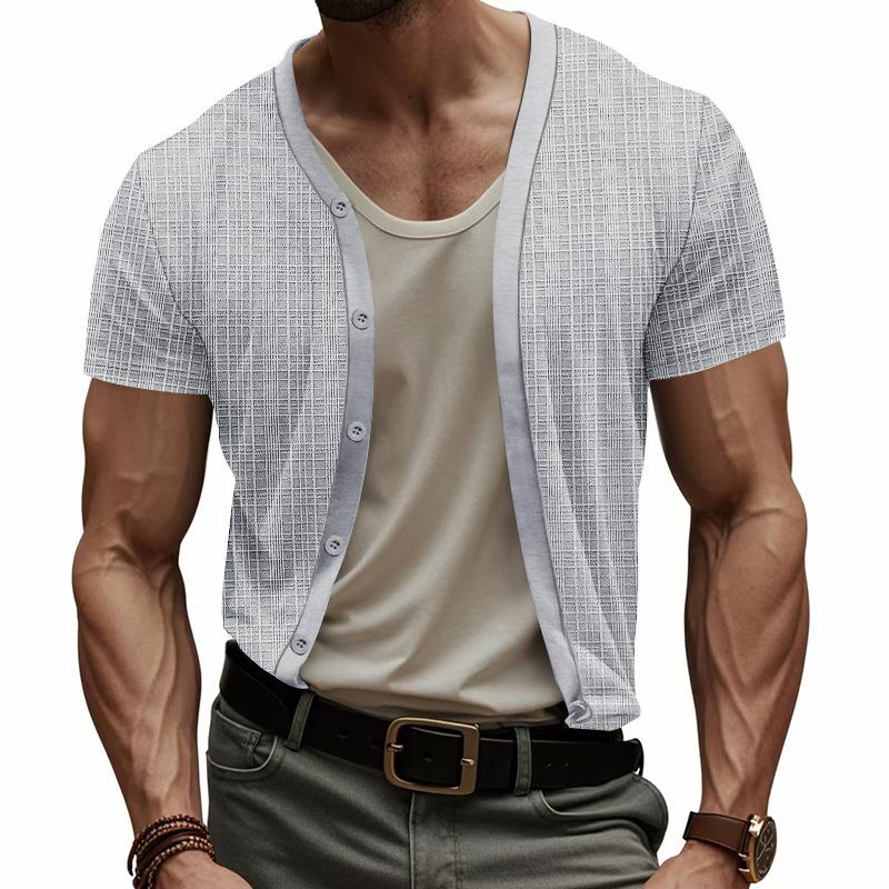 

Летняя мужская футболка, повседневная дышащая футболка с коротким рукавом на пуговицах для мужчин XXXL светло-серый