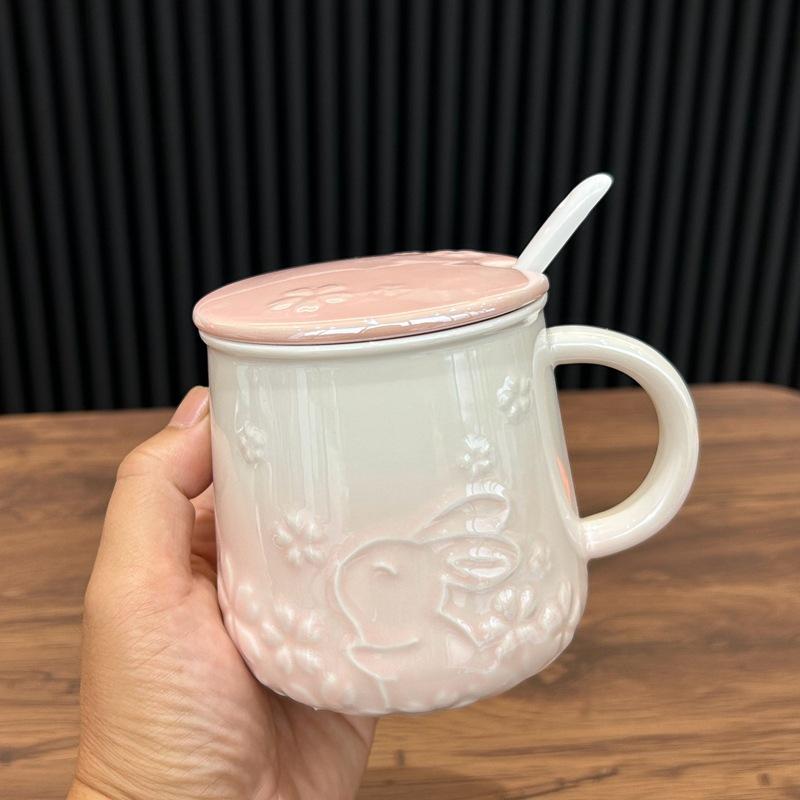 Rabbit Mug with Lid Spoon Cup for Men and Women Ceramic Drinking Water Cup Couple Cartoon High Value Large Capacity Coffee Cup