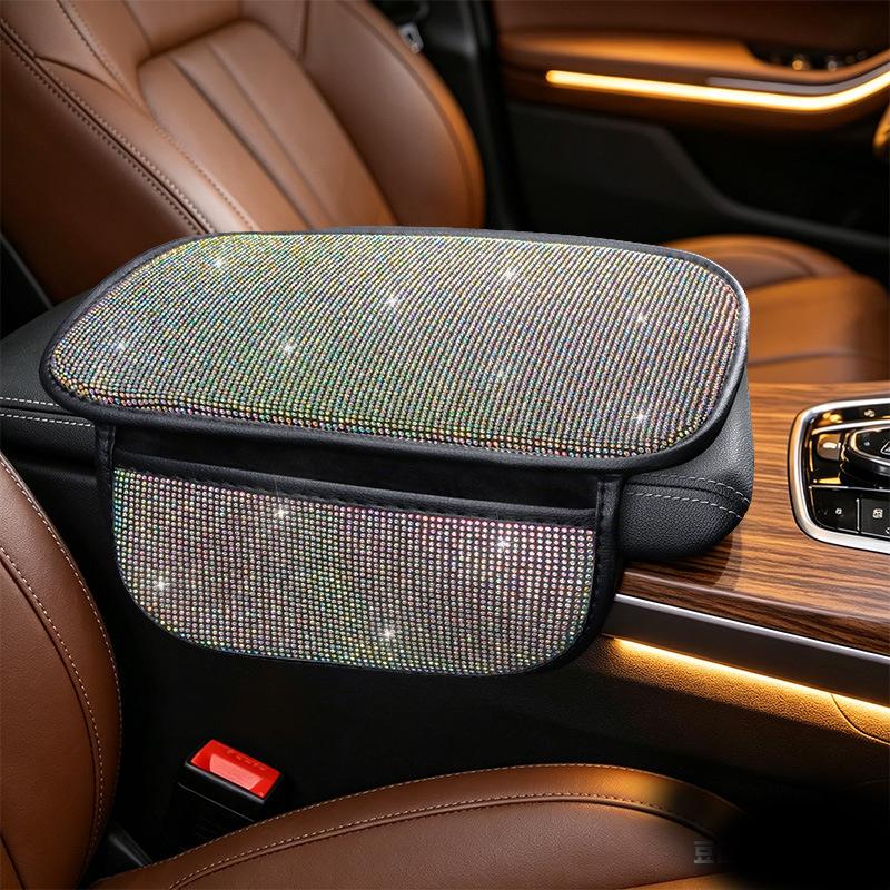 Bling Car Armrest Box Cushion With Side Phone Pocket Rhinestones Auto Center Console Protector Pad For Women Interior Accessorie