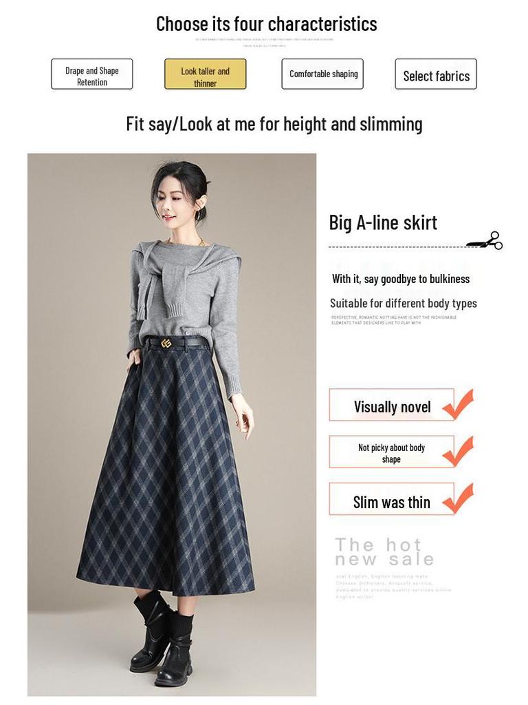 Women's High-Waist Woolen Plaid A-Line Skirt - Autumn/Winter 2025 Collection