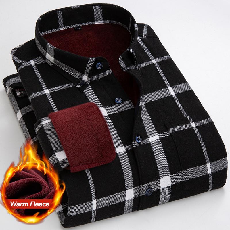 Winter Fleece Men's Warm Shirt Classic Plaid Thicken Slim Business Casual Long-sleeved Warm Office Plush Velvet Shirts Dress