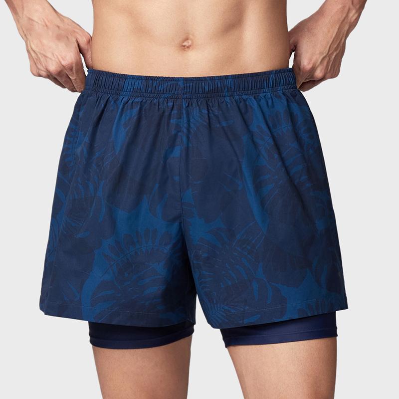 Anta Sports Casual Simple Printed Fake Two-Piece Beach Shorts Men Shorts Dark-Blue Light-Blue Floral-Light-Blue 1825332421-2