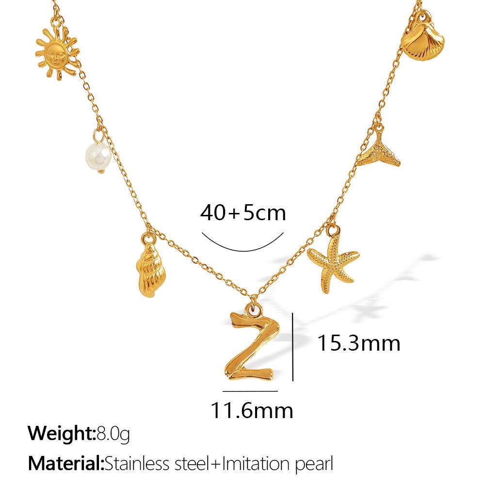 New Arrival Gold Boho Ocean Conch Starfish Shell Charm Necklace Stainless Steel A-Z Alphabet Initial Letter Beach Necklace Women
