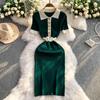 Summer Autumn Elegant Turn Down Collar Short Sleeve Slim Knitted Sweater Dress Women's Single-breasted Polo Collar Pullover Knitwear Dress