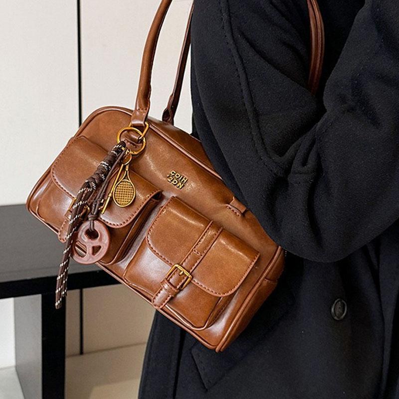 1Pcs Women's Shoulder Bag Retro Solid Color Leather Handbag With Multiple Pockets Large Capacity Comes With Detachable Accessory