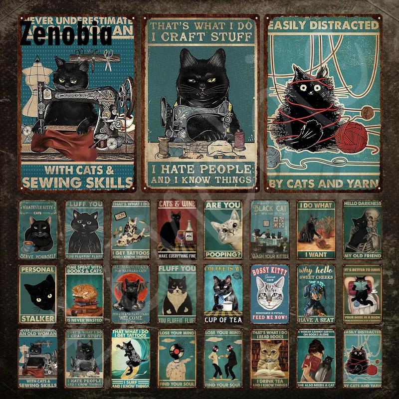Black Cat Metal Sign Cat On Sewing Machine Funny Vintage Tin Sign Plate Animal Metal Plaque Wall Stickers for Room Decoration