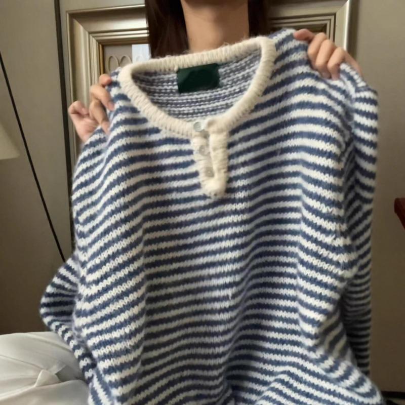 Korean Retro High-end Blue Striped Long-sleeved Sweater Sweater for Women in Autumn and Winter Loose Pullover Top Onesize синий