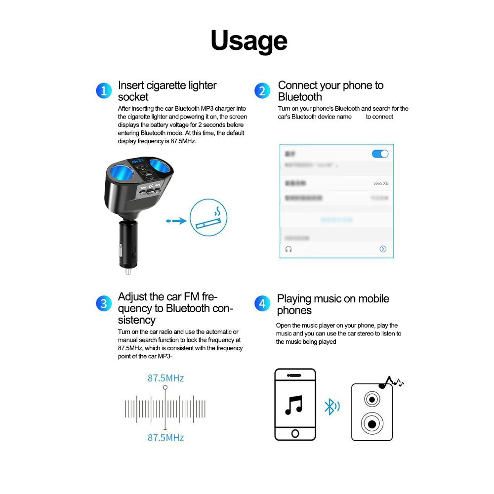Car Cigarette Lighter Splitter Charger PD+Dual USB Quick Charge Socket FM Transmitters V5.0 Bluetooth Hands-free Call U-disk AUX