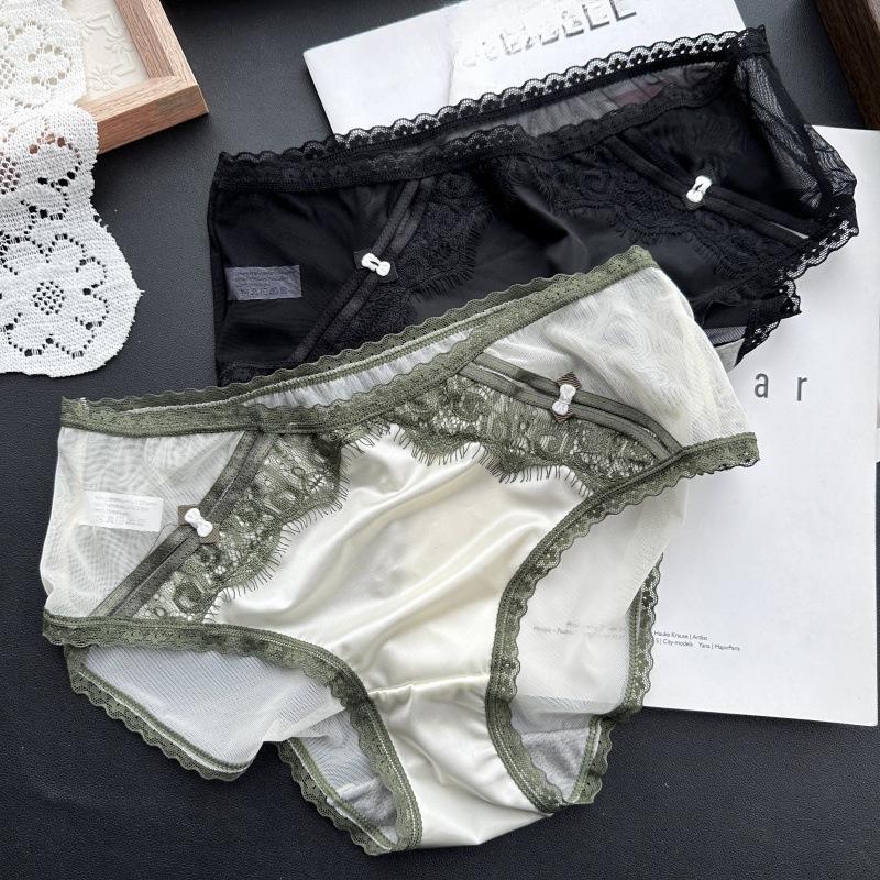 

Женское весенне-летнее милое нижнее белье из ледяного шелка, сетки и кружева с низкой посадкой One Size зелёный/бежевый
