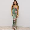 Damen Sexy Geblümtes Maxikleid V-Ausschnitt Spaghettiträger mit Offenem Rücken Figurbetontes Geblümtes Rückenfreies Kleid für Sommerurlaub Strand Romantische Anlässe