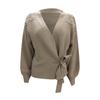 Ladies Long Sleeve V-neck Bowknot Pearl  Color Waist Knit Cardigan Sweater