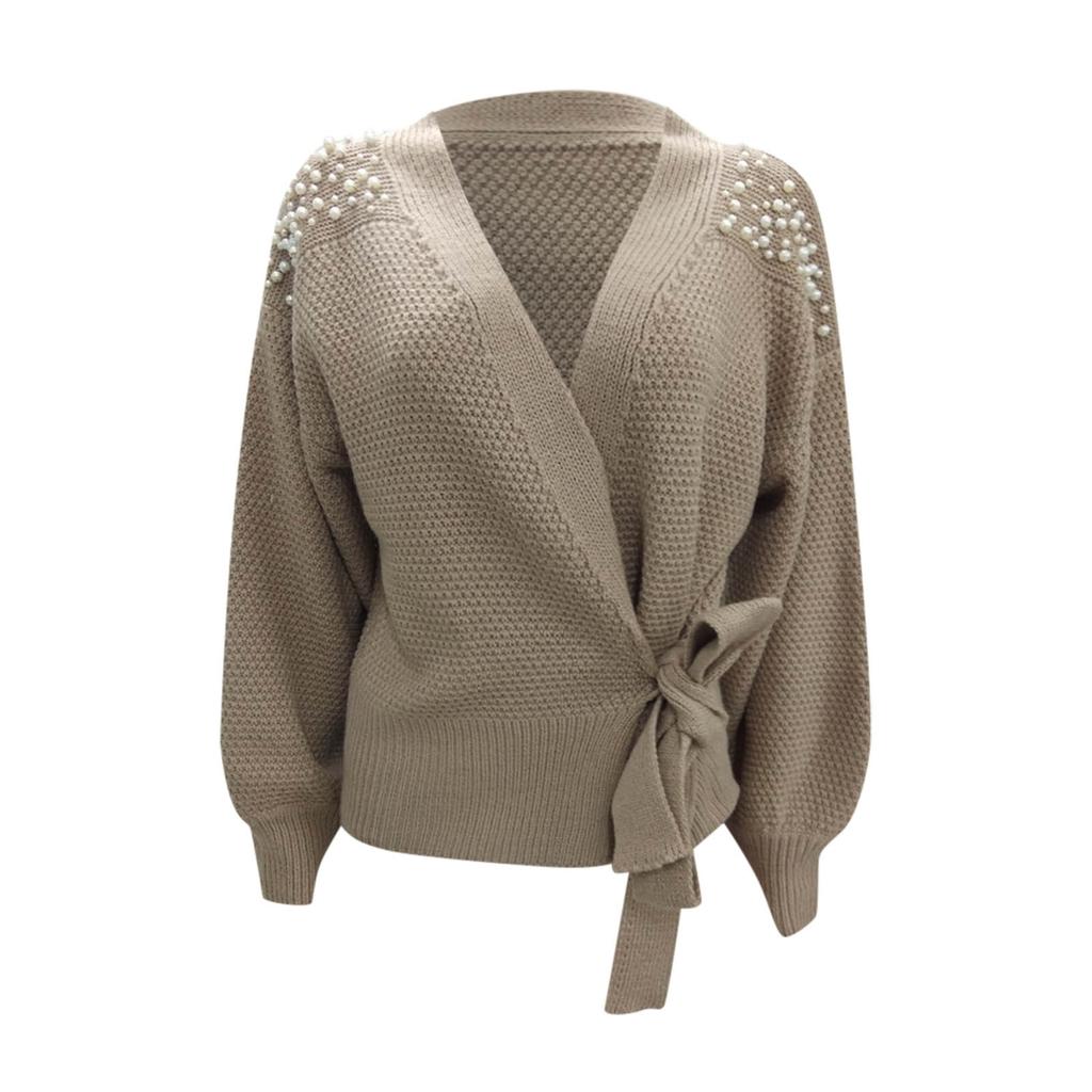 Ladies Long Sleeve V-neck Bowknot Pearl Color Waist Knit Cardigan Sweater