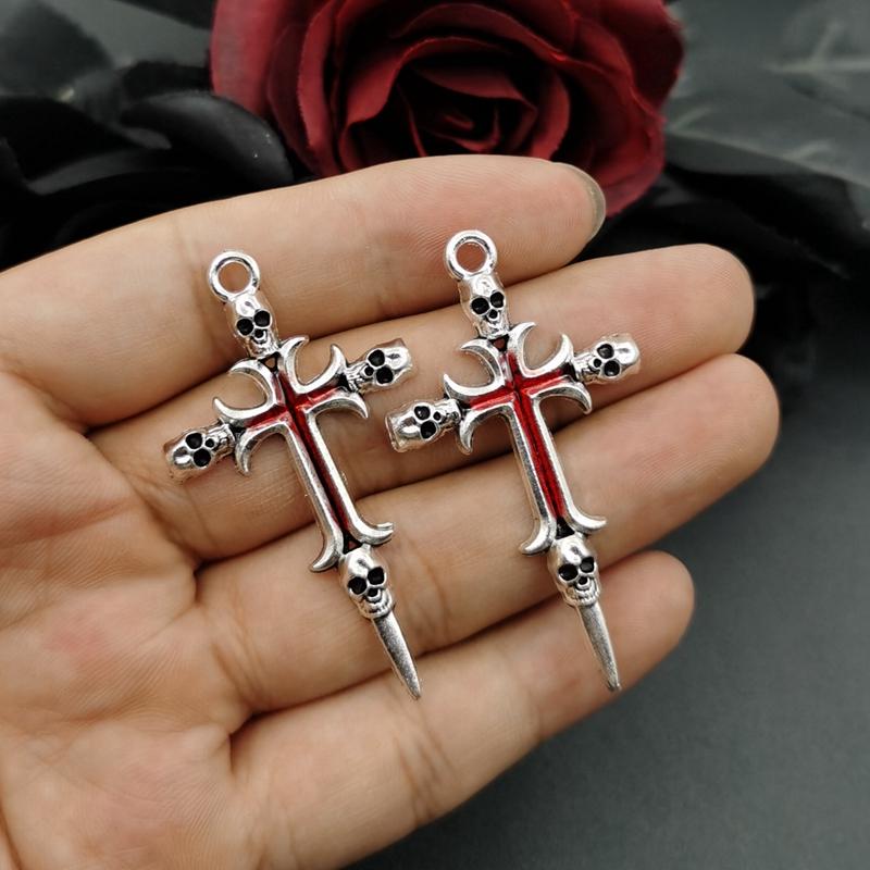 5Pcs Vintage Skeleton Cross Art Charms Punk Skull Skeleton Vampire Charm Halloween Pendant DIY Handcrafted Jewelry Accessories