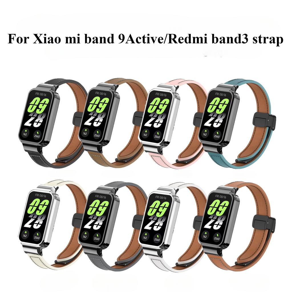 Pro Xiaomi Smart Band 9 Active Leather Strap Magnetická skládací přezka pro Redmi Band 3 Kovové ochranné pouzdro Integrovaný pásek