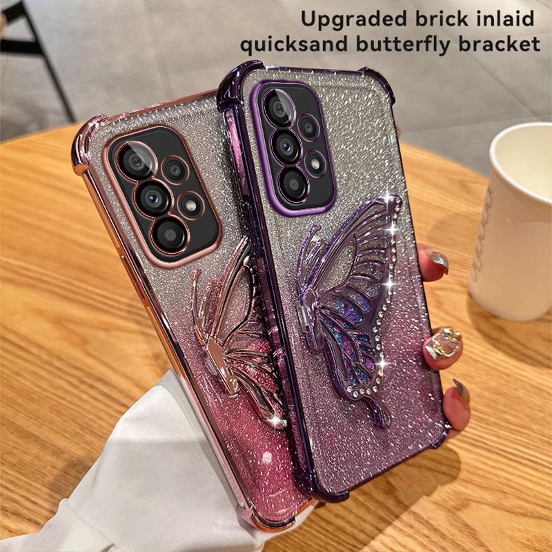 Glitzernde Beschichtung Treibsand Schmetterling Handyhalter Hülle für Samsung Galaxy A13 A23 A33 A53 A73 A12 A22 A32 A52 A52S 4G 5G Hülle