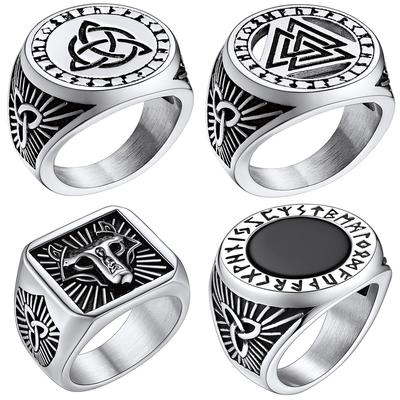 Anillo de sello de acero inoxidable con runas vikingas para hombre y mujer, joyería nórdica con cabeza de lobo y ónix negro, tallas 7-14.