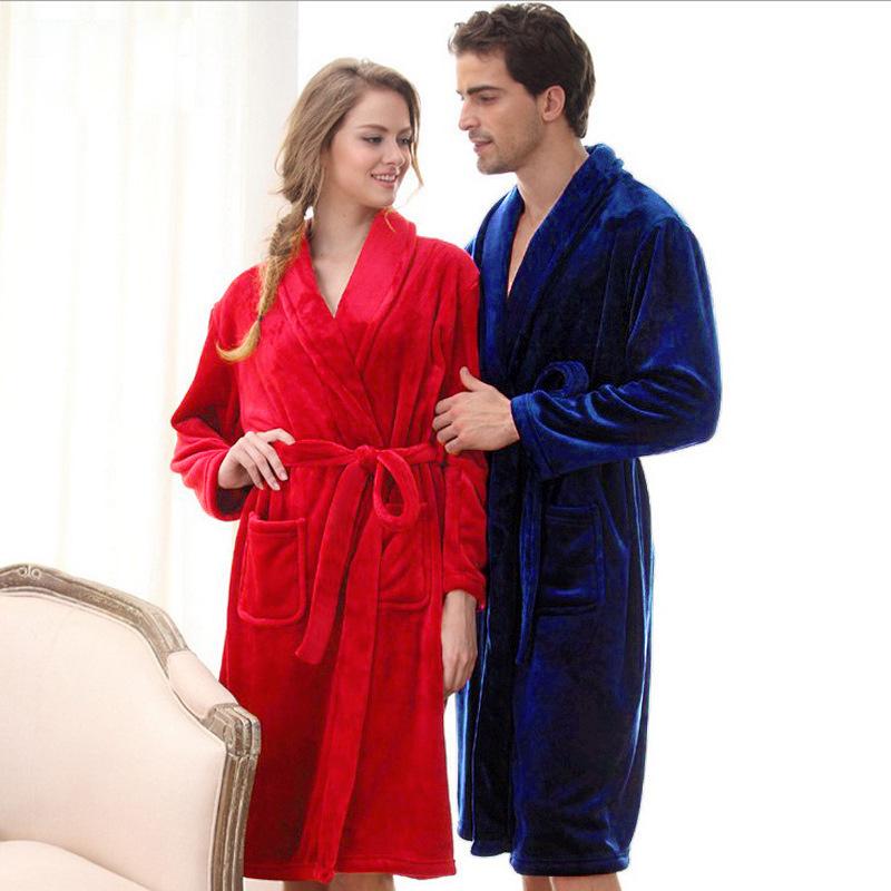 Flanell-Bademantel mit Kapuze: Lange Paarmode Schlafanzüge und Bademäntel