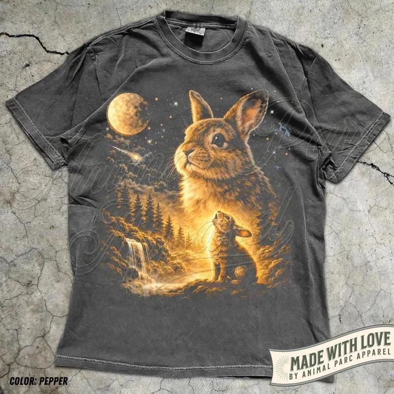 Винтажная футболка «Кролик, воющий на луну», Забавная пасхальная футболка с кроликом M