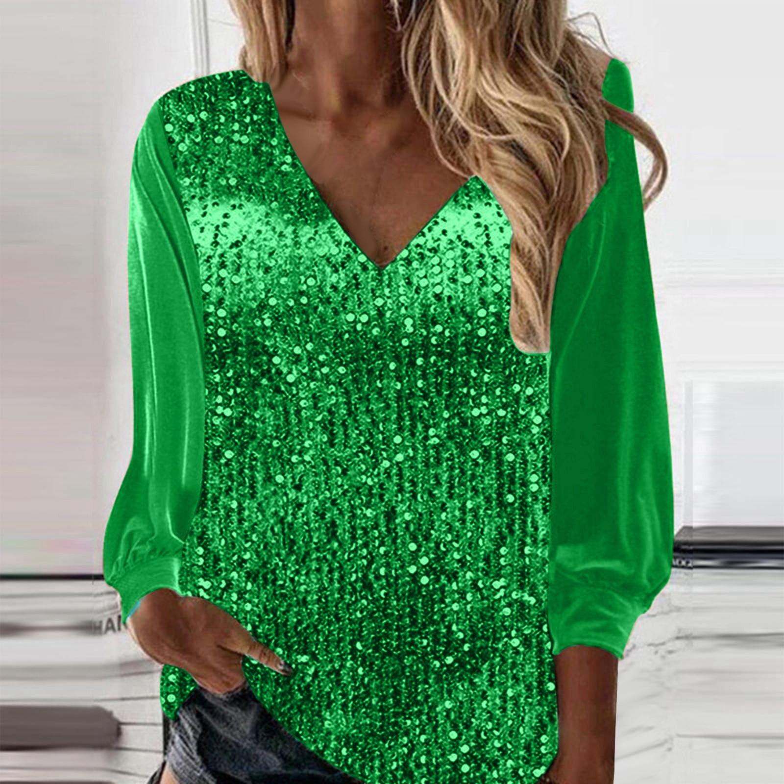 

Womens Sequin Tops V Neck Sparkly Glitter Blouses Loose Long Sleeve Holiday Evening Party Shiny Dressy Shirts L