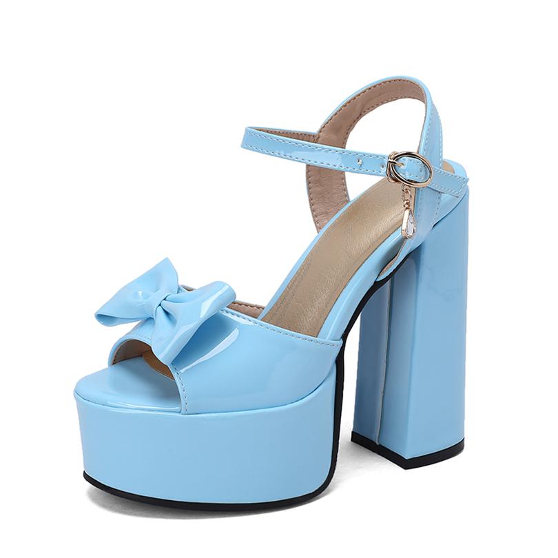 Bright Patent Leather Material, Cute Bow Tie Peep Toe Shoes Super High Thick Heels Hollowed Out Platform Sweet Women's Sandals