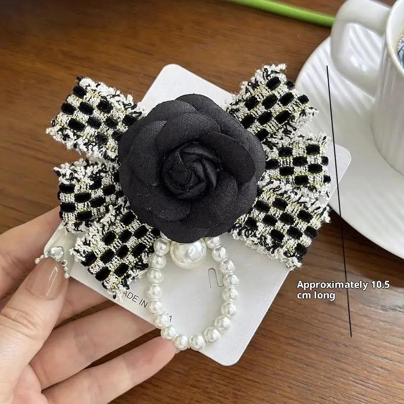 1Pcs French Leather Lapel Pin Corsage Bow Tie Accessory Black And White Plaid Bow Camellia Flower Pearl Tassel Brooch For Women