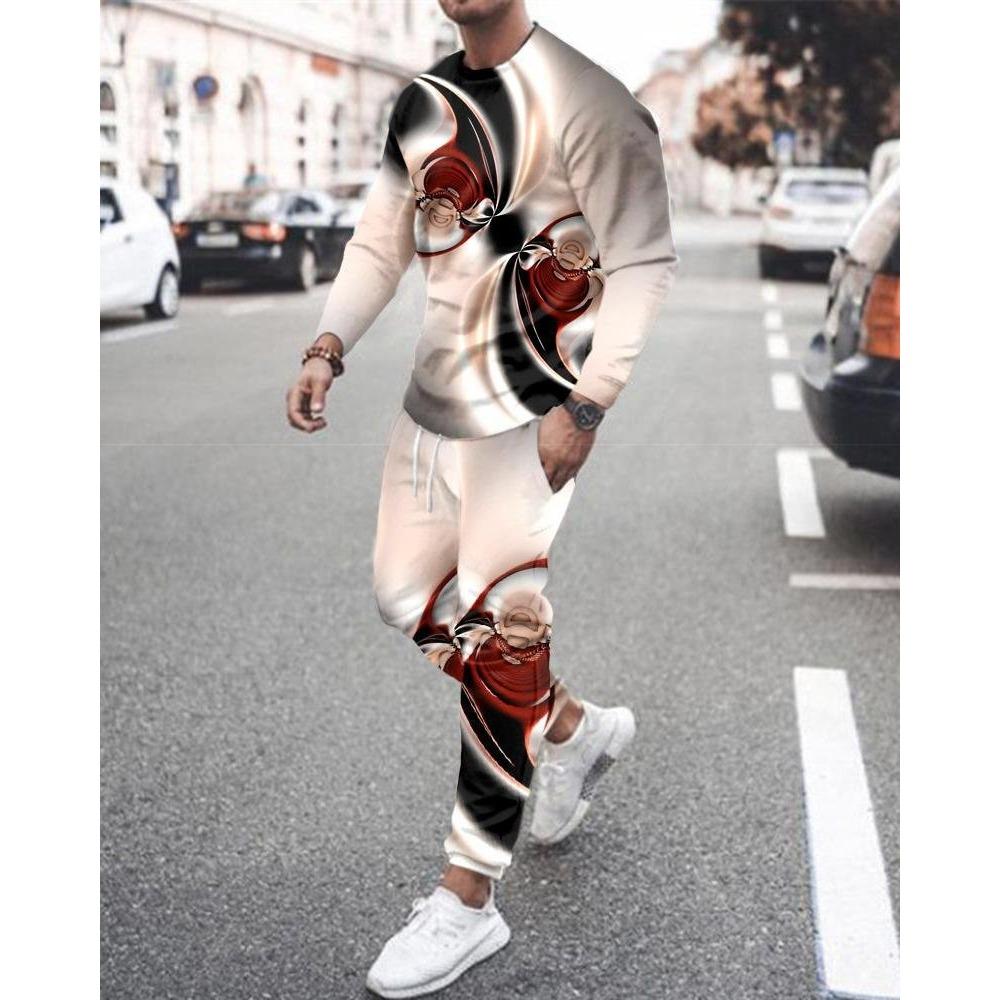 New Men's Long Sleeve T-Shirts Sets Abstract Pattern 3D Print Sports T-Shirt Pants Suit Fashion Tracksuit 2-Piece Jogger Outfits
