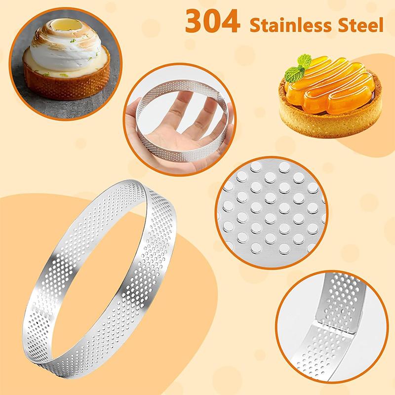 LMETJMA 5Pcs Tart Rings for Baking Stainless Steel Perforated Pastry Ring Mold French Dessert Mousse Fruit Pie Tart Ring JT396