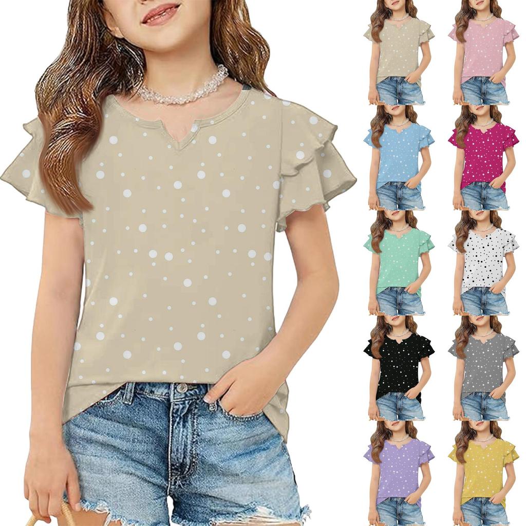 Girls V Neck Ruffle Sleeve Polka Dot Print Short Sleeve T Shirt Casual Blouse Lightweight Summer Top for Kids