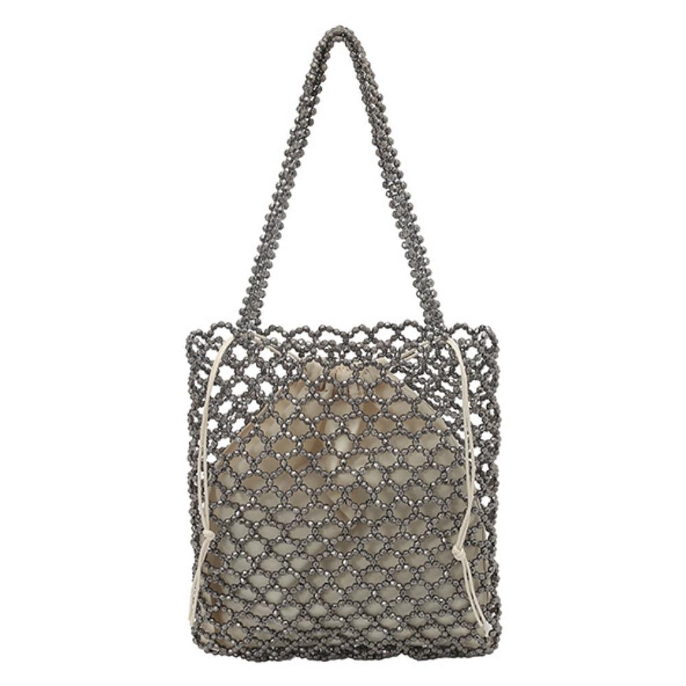 Hollow Out Design Pearl Beaded Tote Bag No Zipper with Inner Bag Square Handbag Beaded Texture Glittering Crystals PVC Beach Bag