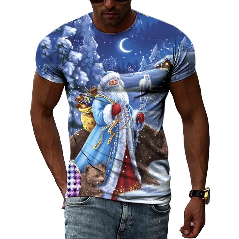 Fashionable Casual Comfortable Breathable Short Sleeved Round Neck T-shirt Summer Large Loose Creative Christmas Portrait 3D Printed Men's T-shirt