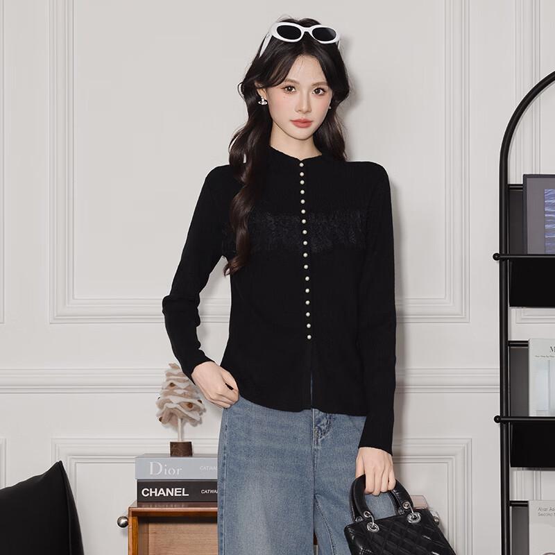 Teloman Women's Pearl Button Knit Cardigan with Lace Splicing