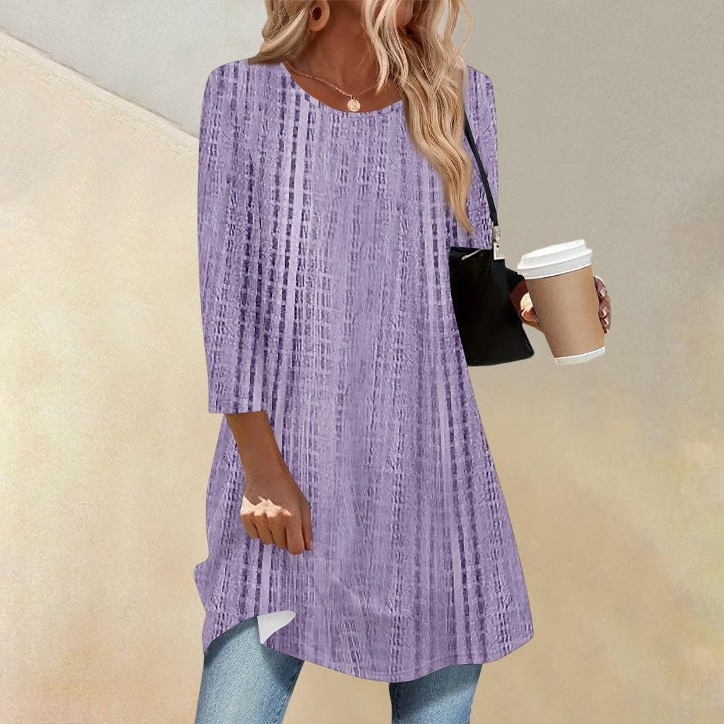 Women's Fashion Casual Three-quarter Sleeve Long Retro Printed Round Neck Top