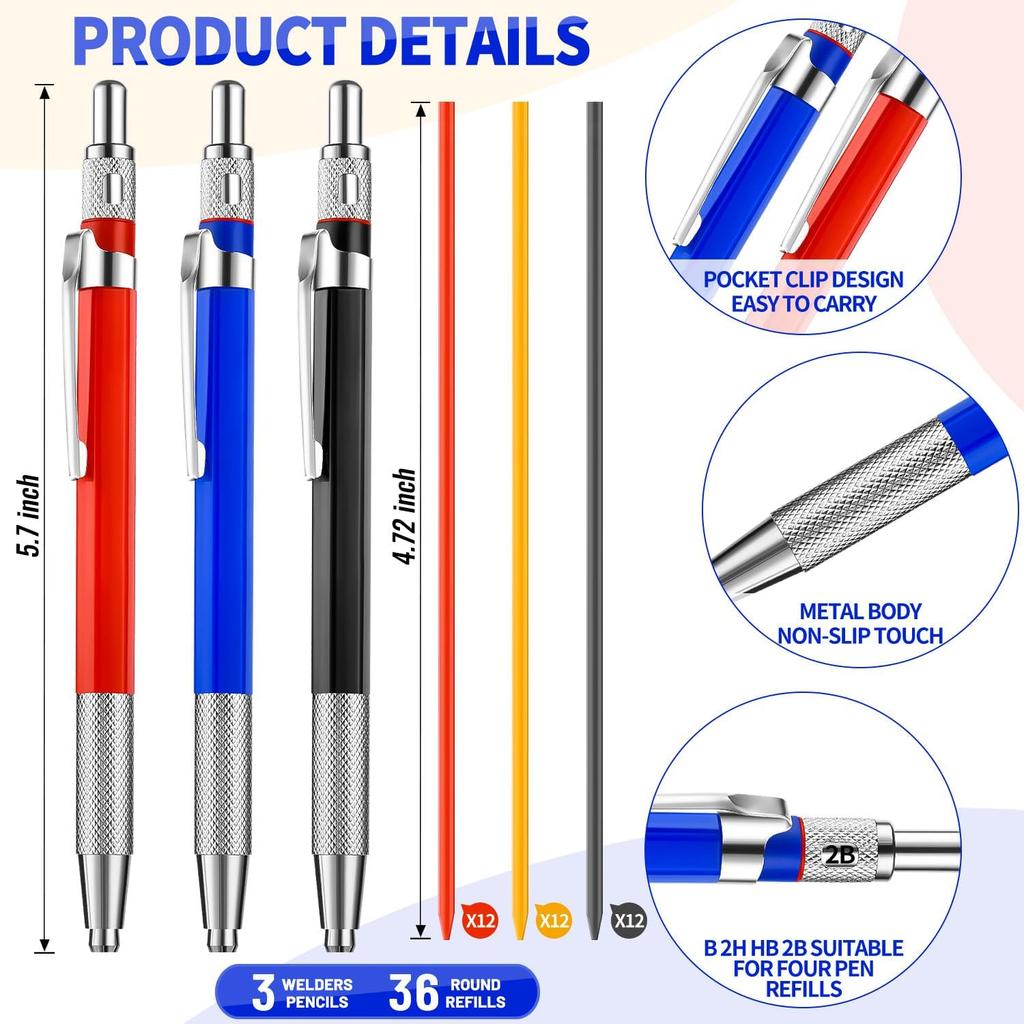 3 Pcs Welders Pencil with 36 Pcs Silver Round Refills, Welders Pencil for Metal, Welding Markers for Metal with Built-in Sharpener for Pipe Fitter