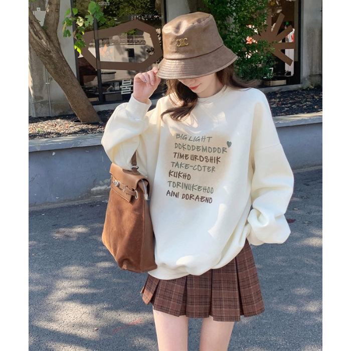 Design sense love letter oversize sweater women's autumn and winter velvet thickened round neck loose and thin pullover