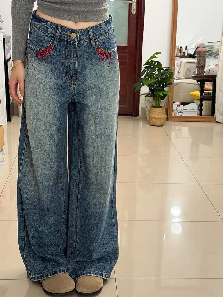 American High Street Women s Distressed Embroidered Wide-Leg Jeans XL