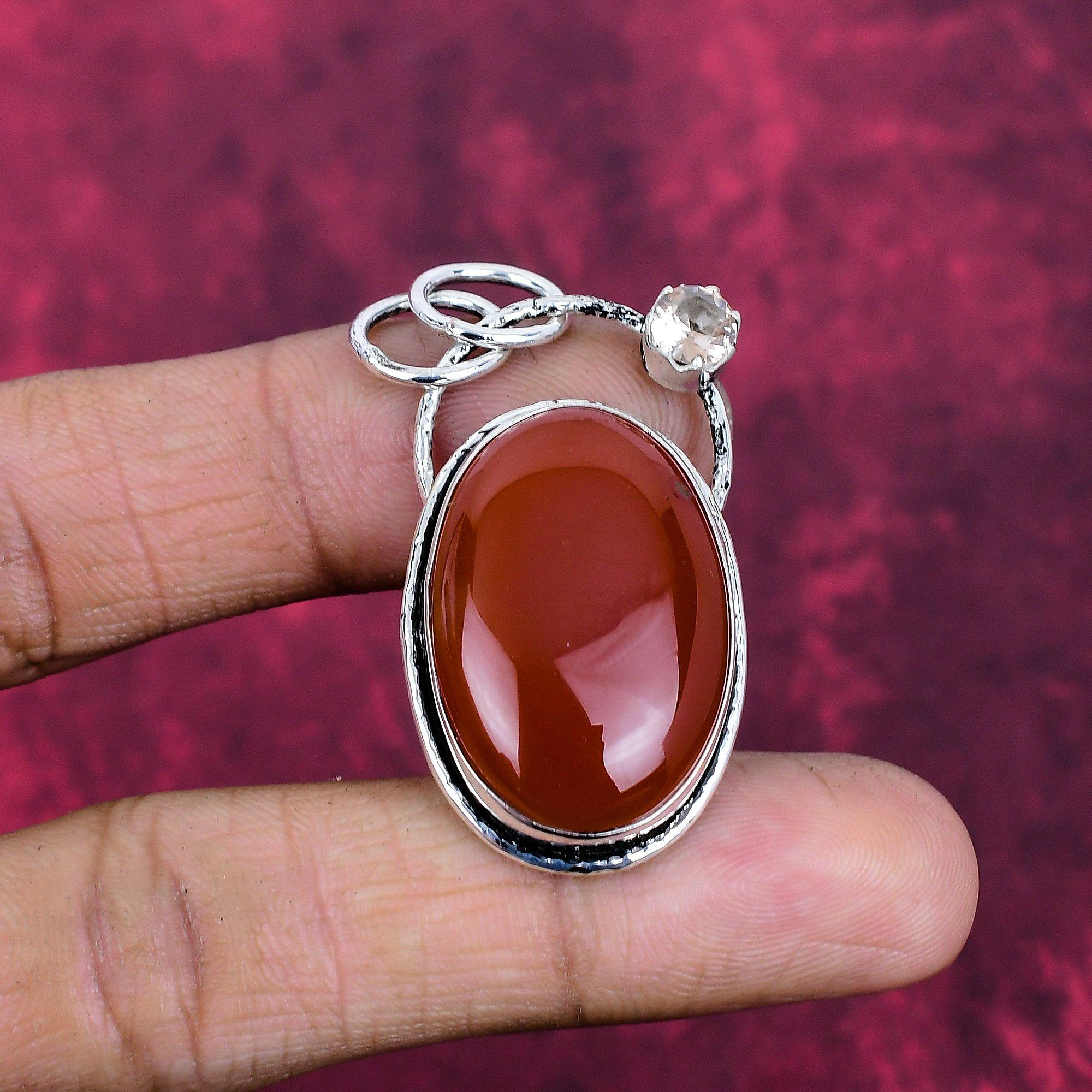 

Carnelian & Morganite 925 Solid Sterling Silver Pendant, Handmade Gemstone Pendant, Gifts For Friend Bohemian Pendant For Love 1.96 Inches