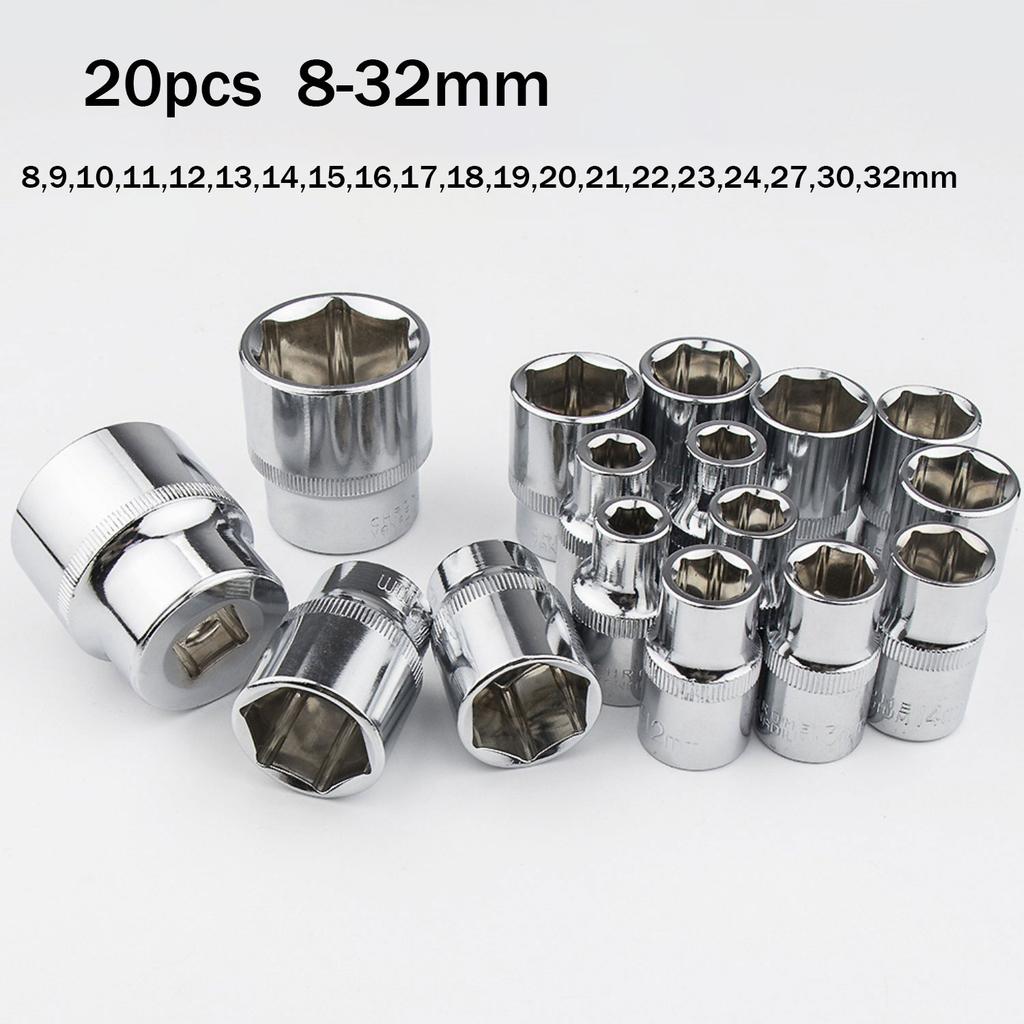 1pc 8-32mm Hex Socket Wrench Head Set 1/2 Short Long Socket Deep Nut Driver Sleeve Spanner End Ratchet Tool With Holder